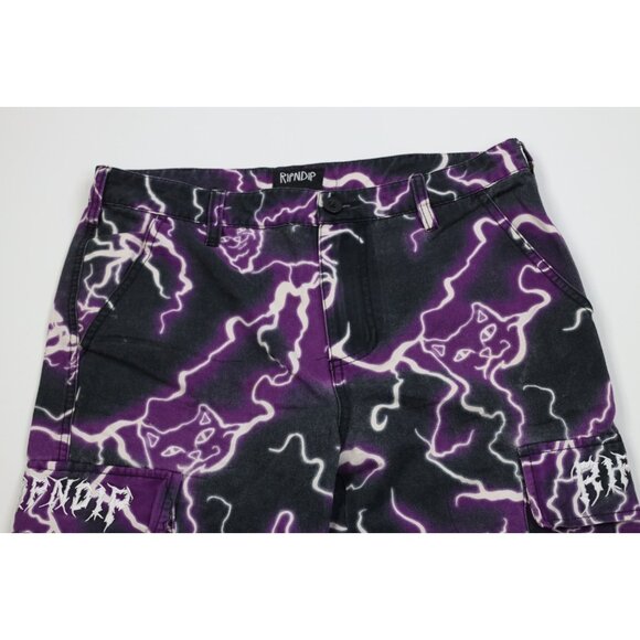 Vintage Y2K Streetwear Mens 32x29 Distressed Cat Lightning Cargo Pants Cotton - Picture 2 of 16